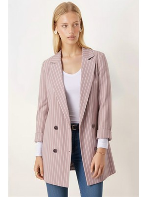 Armonika Kadın Bej Oversize Duble Kol Kruvaze Yaka Astarlı Blazer Ceket ARM-26K001052