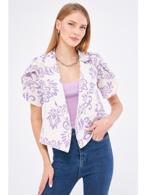 Armonika Kadın Lila Keten Görünümlü Desenli Kolu Yırtmaçlı Crop Kısa Kol Ceket ARM-24Y001095