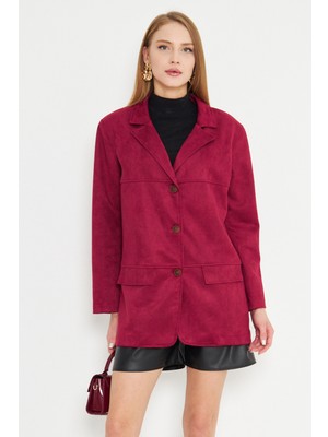 Armonika Kadın Bordo Yakalı Cep Kapaklı Düğmeli Vatkalı Premium Süet Oversize Ceket ARM-25K001057