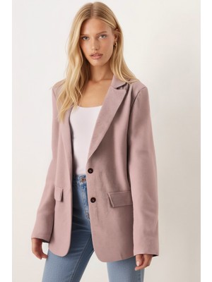 Armonika Kadın Bej Erkek Yaka Cep Kapaklı Vatkalı Oversize Kaşe Ceket ARM-26K001044