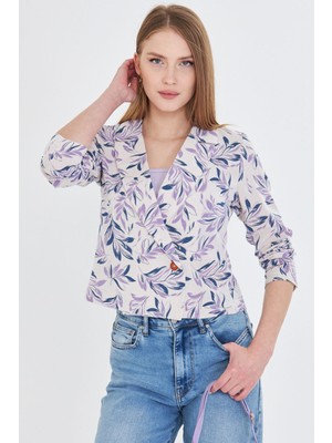 Armonika Kadın Açık Lila Kruvaze Yaka Desenli Crop Ceket ARM-24Y001058