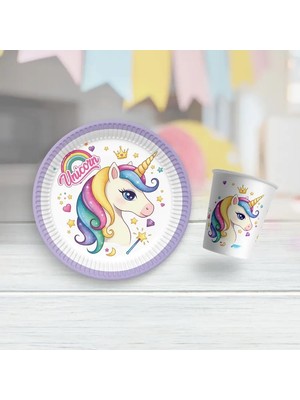 Unicorn Temalı Karton Tabak Bardak Set 8 Tabak 8 Bardak