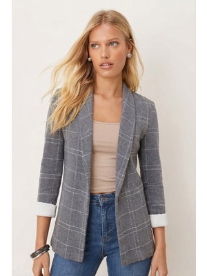 Armonika Kadın Gri Melanj Tek Düğme Ceket Pamuk Polyester Orta Kalınlık Casual Günlük Kullanım ARM-26K001087