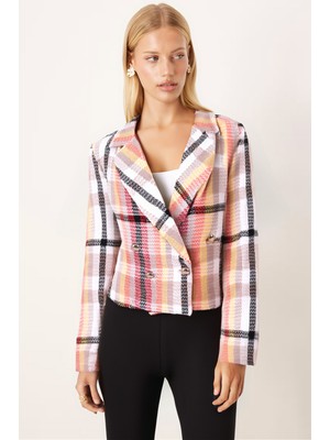 Armonika Kadın Kırmızı-Bej Kruvaze Yaka Tüvit Crop Ceket ARM-24K001014