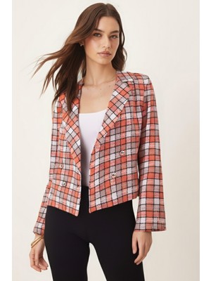 Armonika Kadın Turuncu-Bej Kruvaze Yaka Tüvit Crop Ceket ARM-24K001014