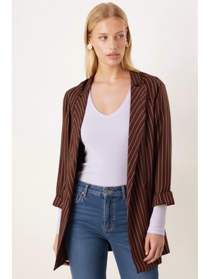 Armonika Kadın Kahve Oversize Duble Kol Kruvaze Yaka Astarlı Blazer Ceket ARM-26K001052
