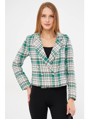 Armonika Kadın Siyah-Yeşil Kruvaze Yaka Tüvit Crop Ceket ARM-24K001014