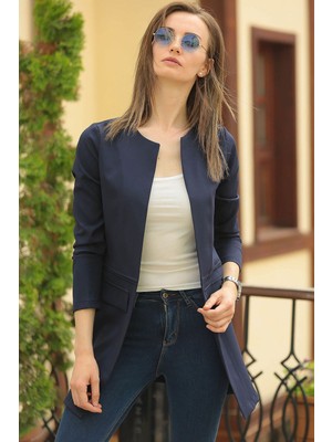 Armonika Kadın Lacivert Beli Dikişli Uzun Ceket ARM-18K001308