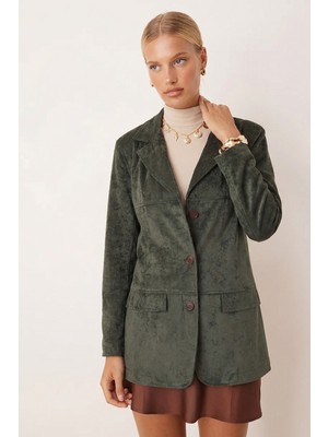 Armonika Kadın Yeşil Yakalı Cep Kapaklı Düğmeli Vatkalı Premium Süet Oversize Ceket ARM-25K001057
