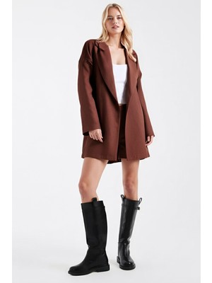 Armonika Kadın Açık Kahve Erkek Yaka Yanları Yırtmaçlı Oversize Ceket ARM-26K001009