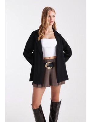 Armonika Kadın Siyah Erkek Yaka Yanları Yırtmaçlı Oversize Ceket ARM-26K001009