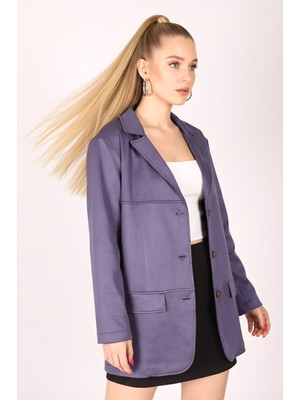 Armonika Kadın Koyu Mavi Yakalı Cep Kapaklı Düğmeli Vatkalı Premium Süet Oversize Ceket ARM-25K001057