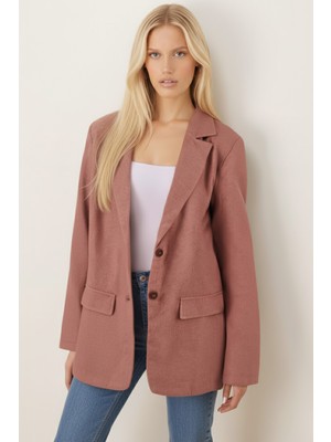 Armonika Kadın Açık Vizon Erkek Yaka Cep Kapaklı Vatkalı Oversize Kaşe Ceket ARM-26K001044