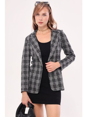 Armonika Kadın Gri Kaşe Tek Düğmeli Ekose Ceket ARM-19K001131