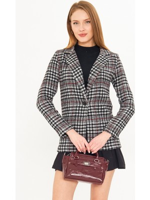 Armonika Kadın Siyah Ekose Desen Tek Düğme Kaşe Ceket ARM-25K001083