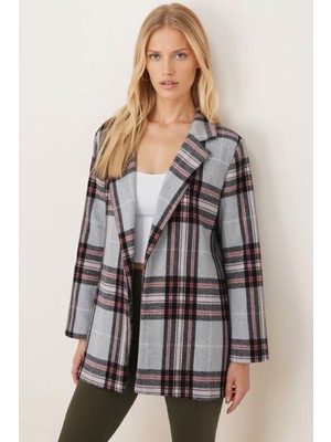 Armonika Kadın Gri Erkek Yaka Yanları Yırtmaçlı Oversize Ceket ARM-26K001009