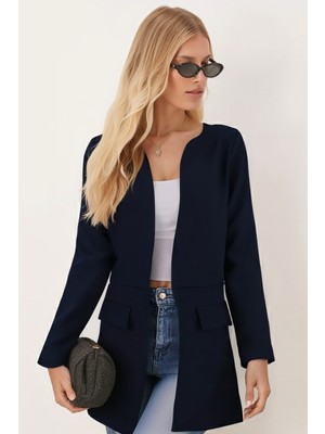 Armonika Kadın Lacivert Beli Dikişli Uzun Ceket ARM-26K001017