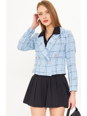Armonika Kadın Mavi-Siyah Kruvaze Yaka Tüvit Crop Ceket ARM-24K001014