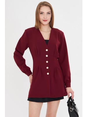 Armonika Kadın Bordo V Yaka Pile Detaylı Vücuda Oturan Vatkalı Ceket ARM-25Y001039