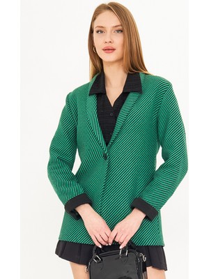 Armonika Kadın Yeşil Çizgili Kolu Katlamalı Tek Düğme Kaşe Ceket ARM-25K001106