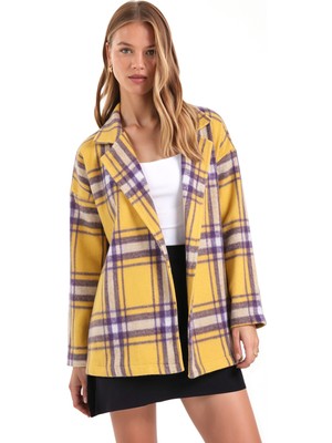 Armonika Kadın Sarı Erkek Yaka Yanları Yırtmaçlı Oversize Ceket ARM-26K001009