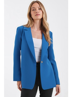 Armonika Kadın Mavi Tek Düğmeli Ceket Pamuk Polyester Orta Kalınlık Regular Kalıp ARM-20K001020