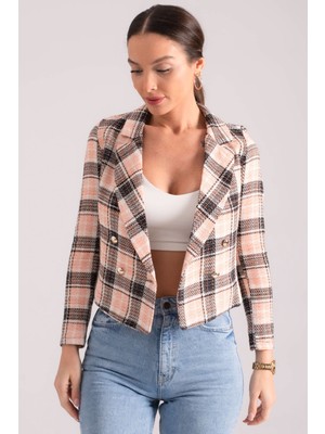 Armonika Kadın Açık Turuncu Kruvaze Yaka Tüvit Crop Ceket ARM-24K001014