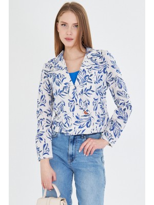 Armonika Kadın Koyu Mavi Kruvaze Yaka Desenli Crop Ceket ARM-24Y001058