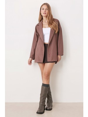 Armonika Kadın Kahverengi Erkek Yaka Yanları Yırtmaçlı Oversize Ceket ARM-26K001009