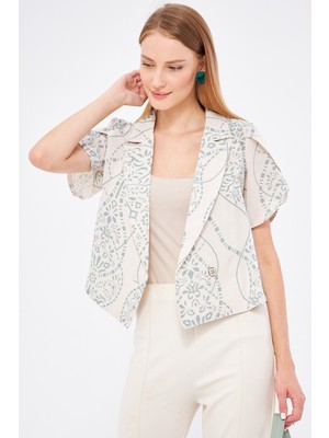Armonika Kadın Mint-Beyaz Keten Görünümlü Desenli Kolu Yırtmaçlı Crop Kısa Kol Ceket ARM-24Y001095