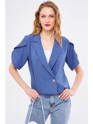 Armonika Kadın Koyu Mavi Ikosiokto Ceket Kolu Yırtmaç Detaylı Crop Kısa Kollu ARM-24Y001048