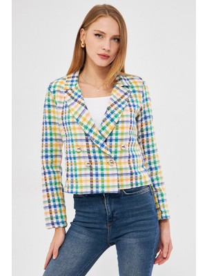Armonika Kadın Mavi-Sarı Kruvaze Yaka Tüvit Crop Ceket ARM-24K001014