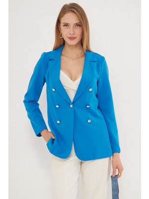 Armonika Kadın Mavi Düğmeli Ceket ARM-20K001151 Pamuk Polyester Orta Kalınlıkta Rahat Kullanım