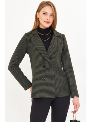 Armonika Kadın Haki Çizgi Desenli Dört Düğmeli Kaşe Ceket ARM-24K001037