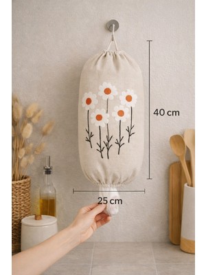 MasterCar Sarı Papatya Punch Panç Nakışlı Poşetlik - Poşet Düzenleyici - Poşet Organizeri Keten 40X25 cm