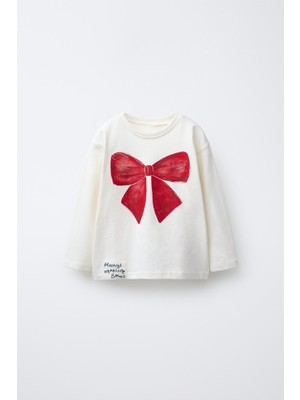 Magu Kız Çocuk Pamuklu Ekru Fiyonk Baskılı Uzun Kollu T-Shirt