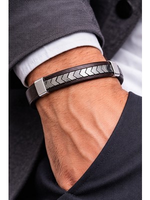 Herşey Nota Steel Arrow – Gümüş Ok Desenli Deri Erkek BILEKLIK-50-684