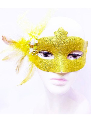 Vanch Sim İşlemeli İnci Boncuk Detaylı Tüylü Balo Maskesi Altın Renk 13x18 cm (5264)