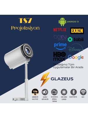 Glazeus Ts7 Akıllı Projektör Android 13 Wifi Bluetooh 230 Ansi Gimbal Tripod