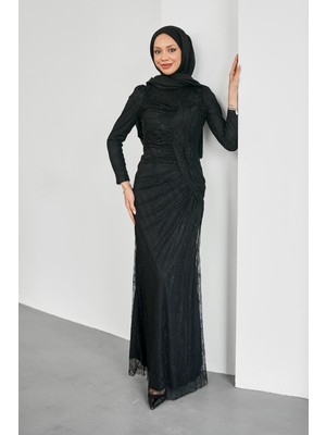 İmaj Butik Siyah Önü Büzgülü Güpürlü Abiye