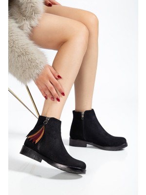 Zerenyus ZRİN-205 Premium Siyah Süet Yaprak Desenli Fermuarlı Günlük Kadın Bot