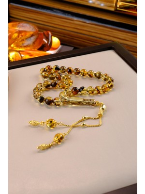 Dergah Tesbih Atölyesi Yoğun Toprak Fosilli Bilek Boy Gümüş Gold Tasarım Damla Kehribar Tesbih (Amber), (مسبحة قطرة كهريبار)
