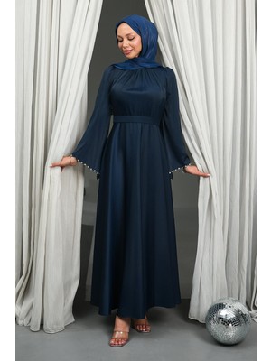 İmaj Butik Lacivert Kolları Taşlı Kuşaklı Saten Abiye