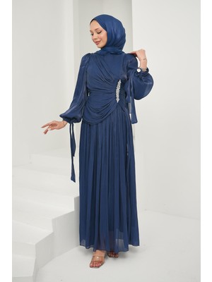 İmaj Butik Lacivert Önü Taş Detaylı Kol Bağlamalı Abiye