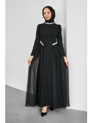 İmaj Butik Siyah Yaka ve Bel Taşlı Kuyruklu Abiye