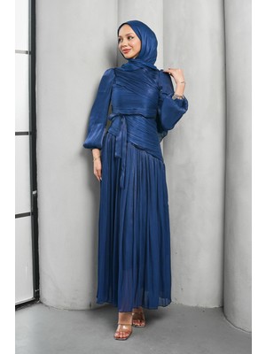 İmaj Butik Lacivert Drapeli Piliseli Abiye