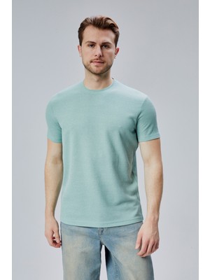 Mooncover Erkek Sıfır Yaka Basic T-Shirt Pamuklu Dokulu Kumaş – Açık Yeşil