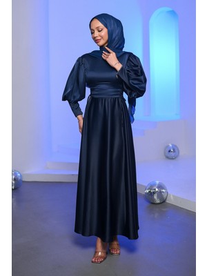 İmaj Butik Lacivert Yan Bağlamalı Saten Abiye