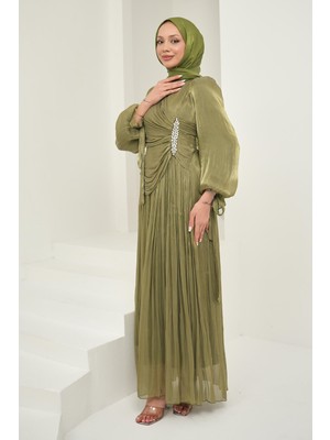 İmaj Butik Haki Önü Taş Detaylı Kol Bağlamalı Abiye