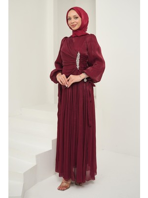 İmaj Butik Mürdüm Önü Taş Detaylı Kol Bağlamalı Abiye